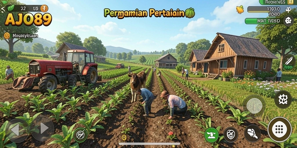 Tangkapan layar AJO89 menampilkan suasana ladang hijau yang subur dan aktivitas pertanian.