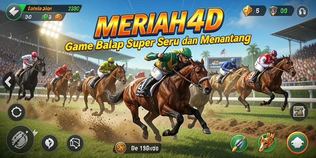 Tangkapan layar gameplay <strong>MERIAH4D</strong> menunjukkan mobil melaju kencang di trek balap yang menantang.
