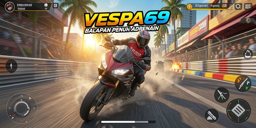 Tampilan gameplay VESPA69 yang penuh aksi dalam balapan motor.