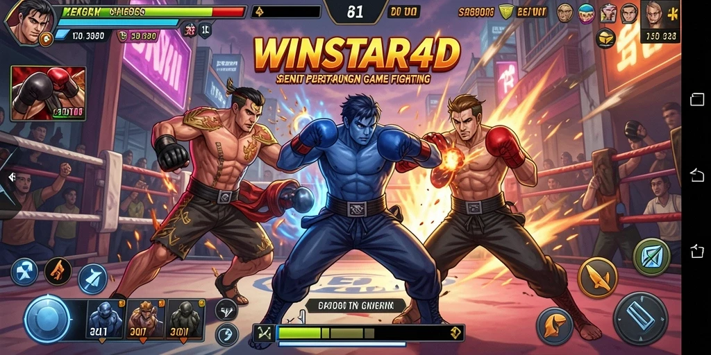 Tampilan gameplay <strong>WINSTAR4D</strong> saat pertarungan antara karakter yang seru.