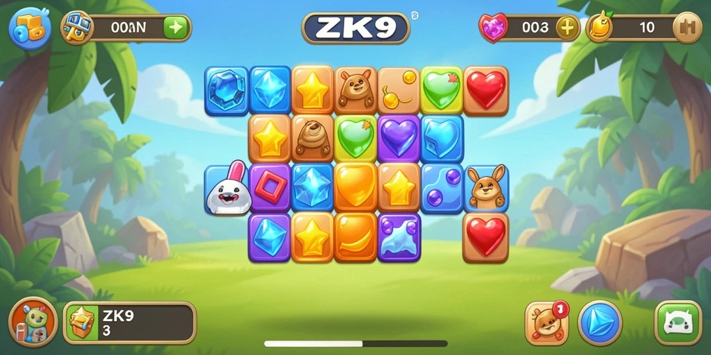 Screenshot gameplay ZK9 menampilkan aksi seru dalam mencocokkan permata.